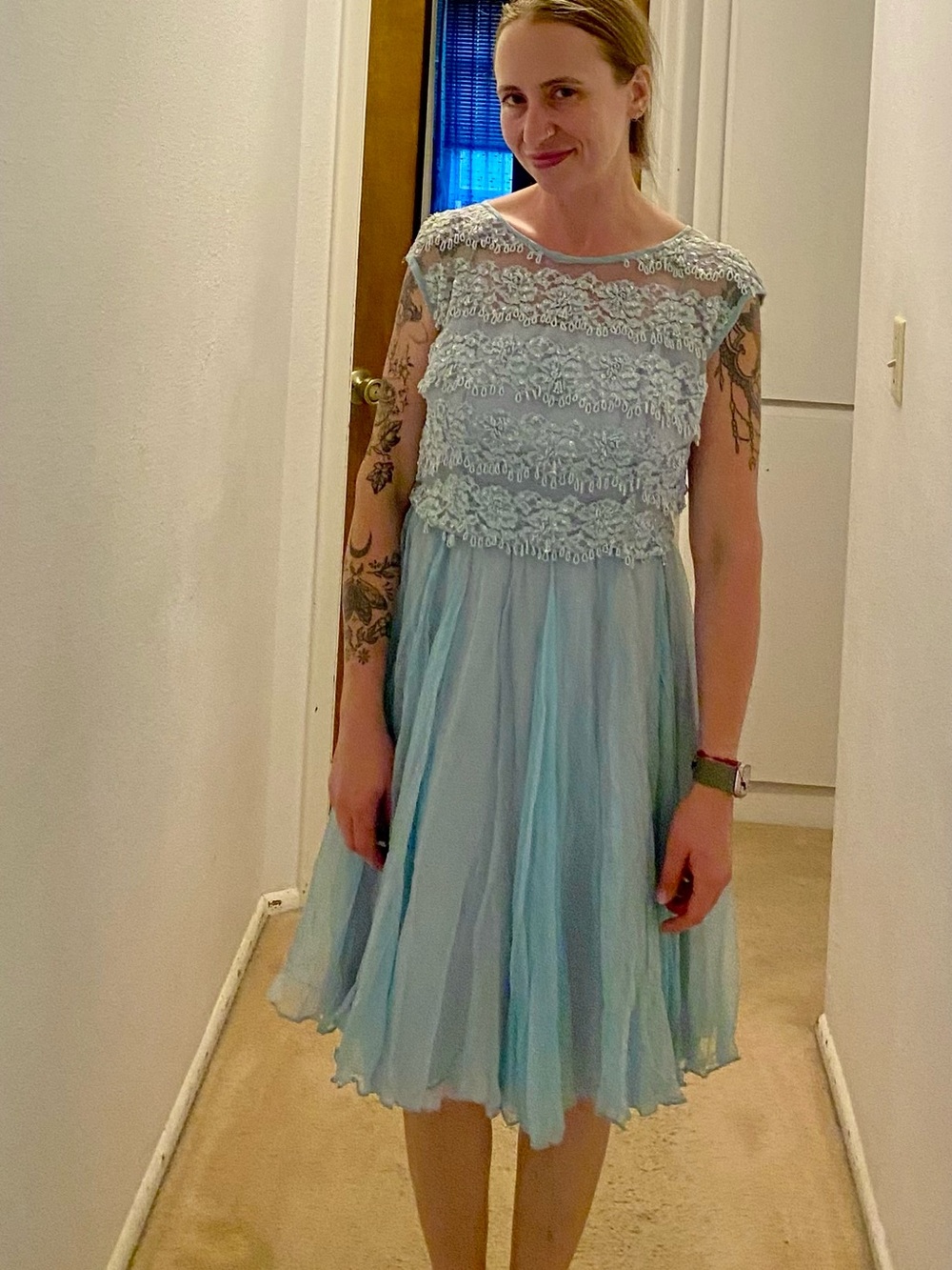 TRUE VINTAGE Miss ElliLight Blue Beaded Lace & Chiffon Fit-and-Flare Dress